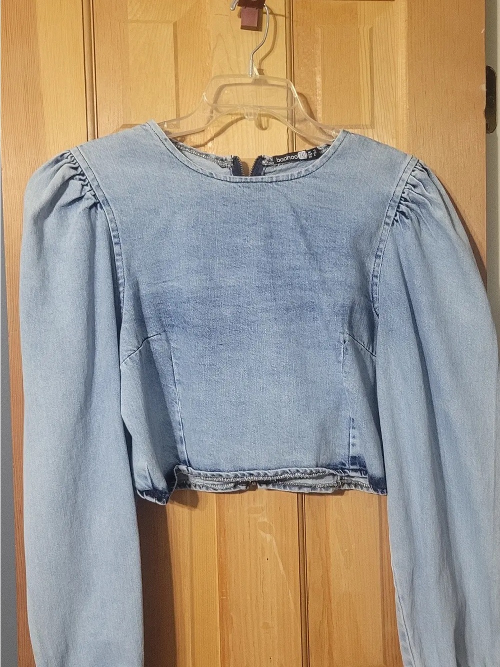 Boohoo Light Blue Denim Puff Sleeve Cropped Top